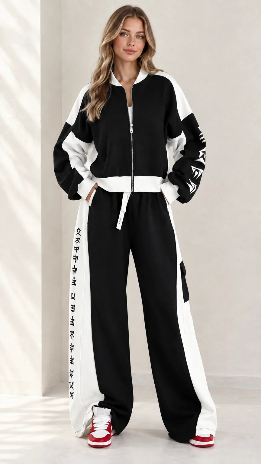 MELDOLA - Set due pezzi colorblock con zip e pantaloni wide leg