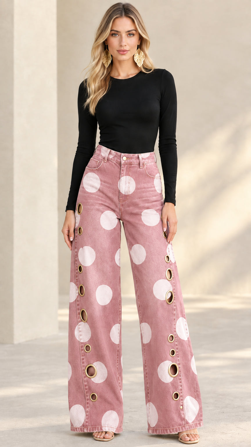 DRESANO - Jeans Donna a Pois Gamba Ampia con Occhielli