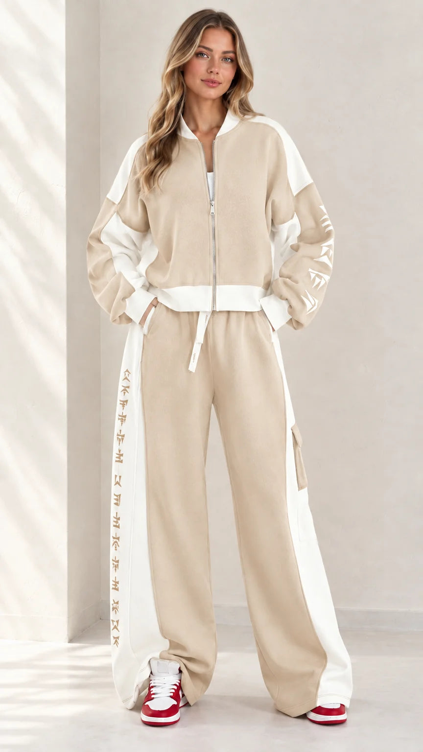 MELDOLA - Set due pezzi colorblock con zip e pantaloni wide leg