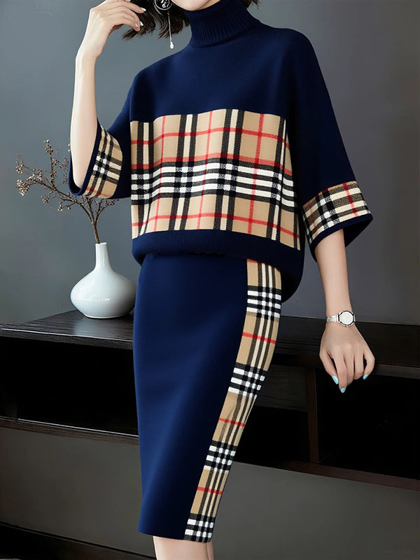 CASPOGGIO - Maglione morbido a quadri blu royal con maniche 3/4