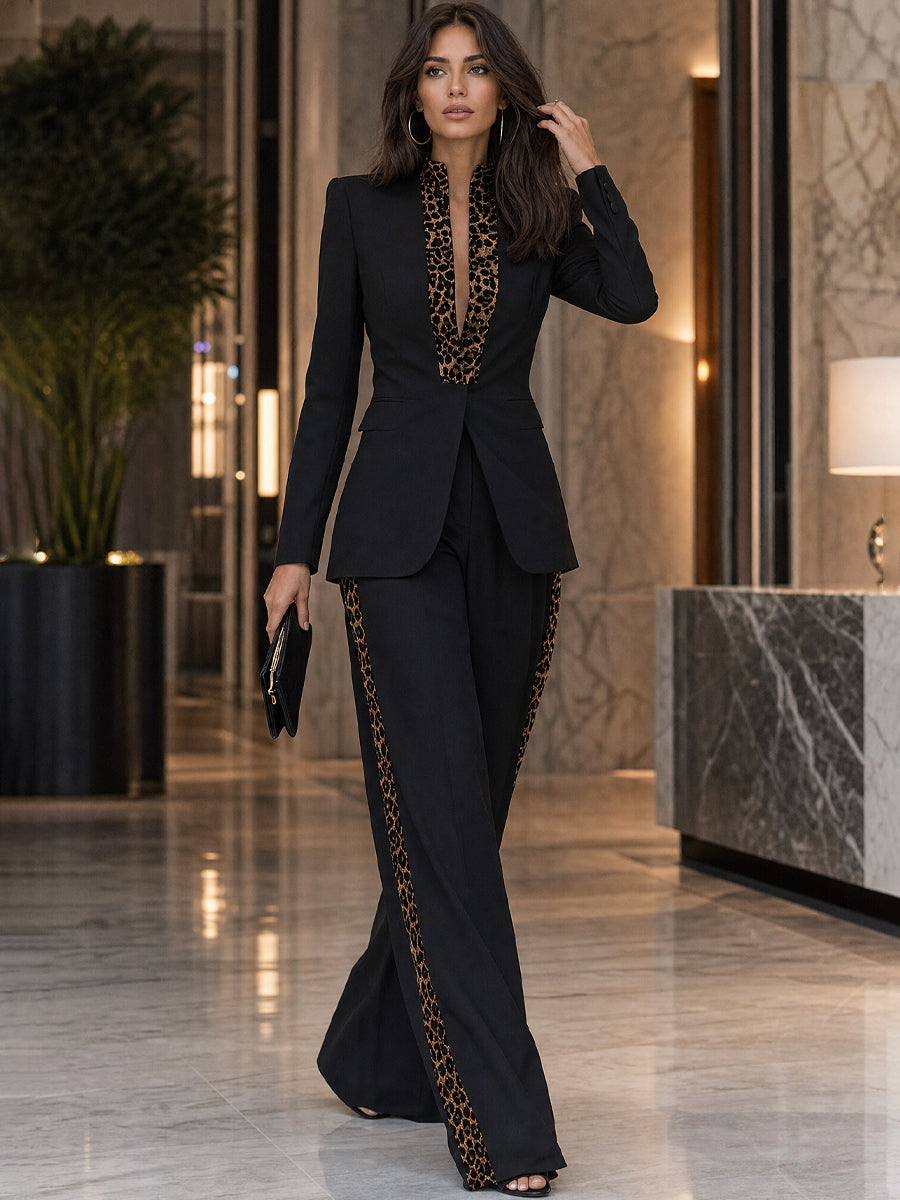 EUROPA - Tailleur nero blazer e pantaloni ampi con bordo leopardato