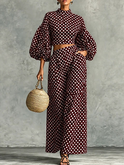 FRIDA - Set due pezzi a pois con maniche balloon e pantaloni palazzo