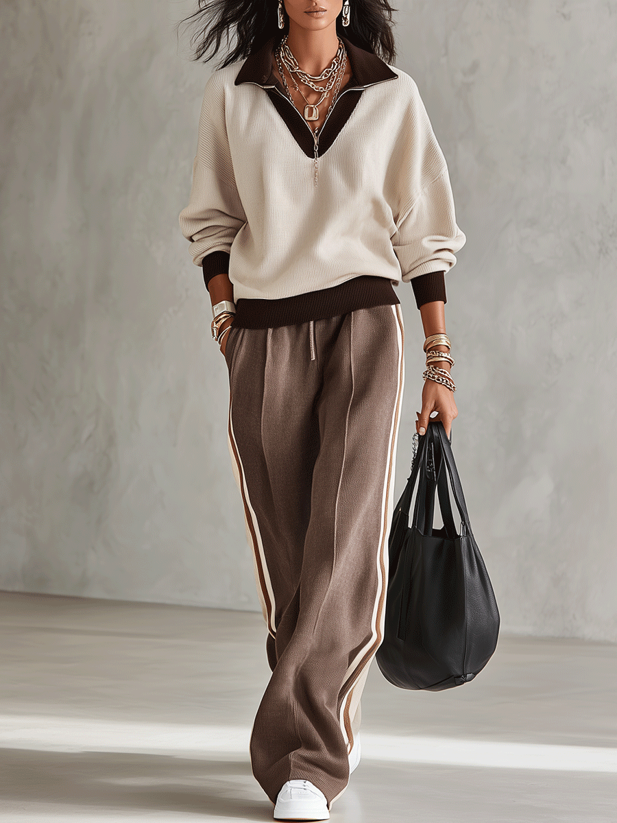 PALESTRO - Completo beige con top scollo a V e pantaloni rigati a gamba larga — foto 2
