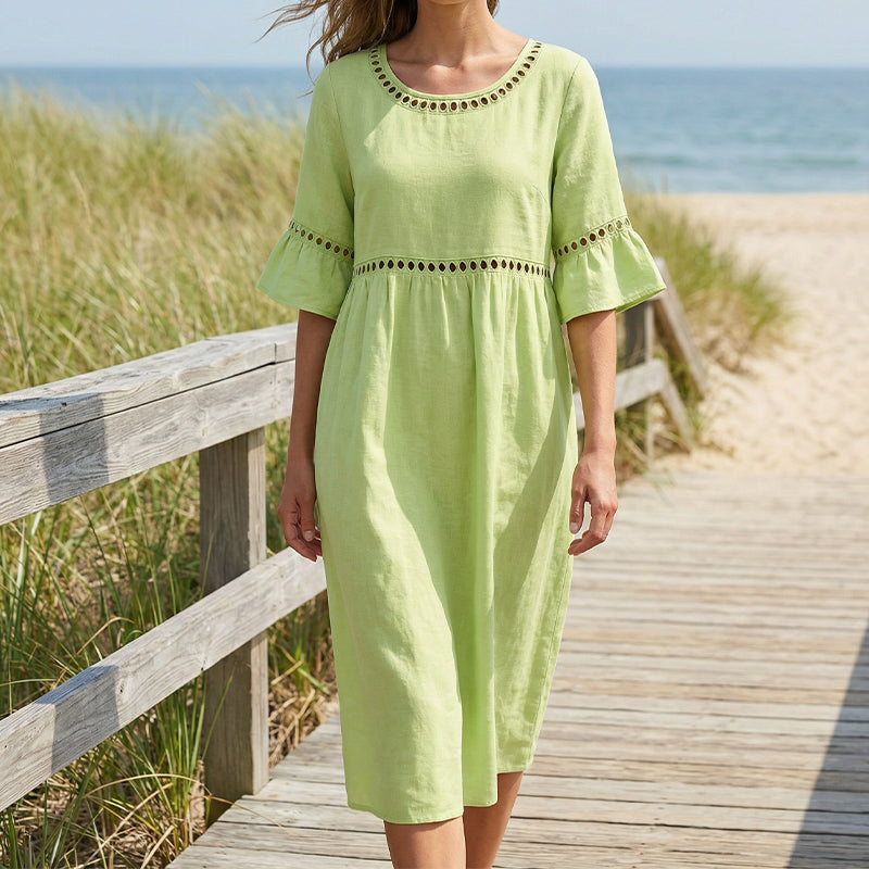 LUDOVICA - Abito Midi in Cotone e Lino con Pizzo