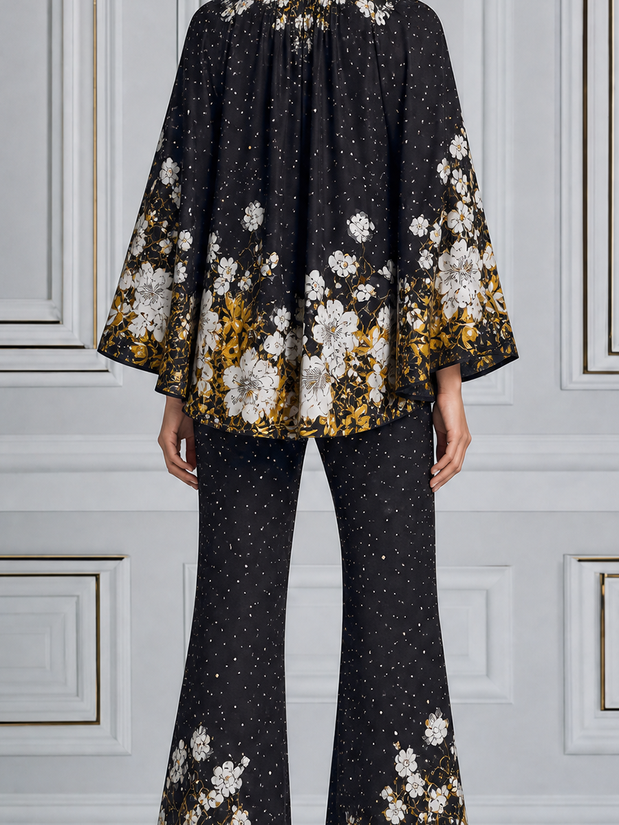 RASURA - Set due pezzi nero floreale con top e pantaloni palazzo