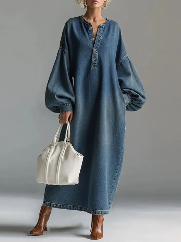 LOIANO - Abito in denim vintage con scollo a V e maniche lanterna