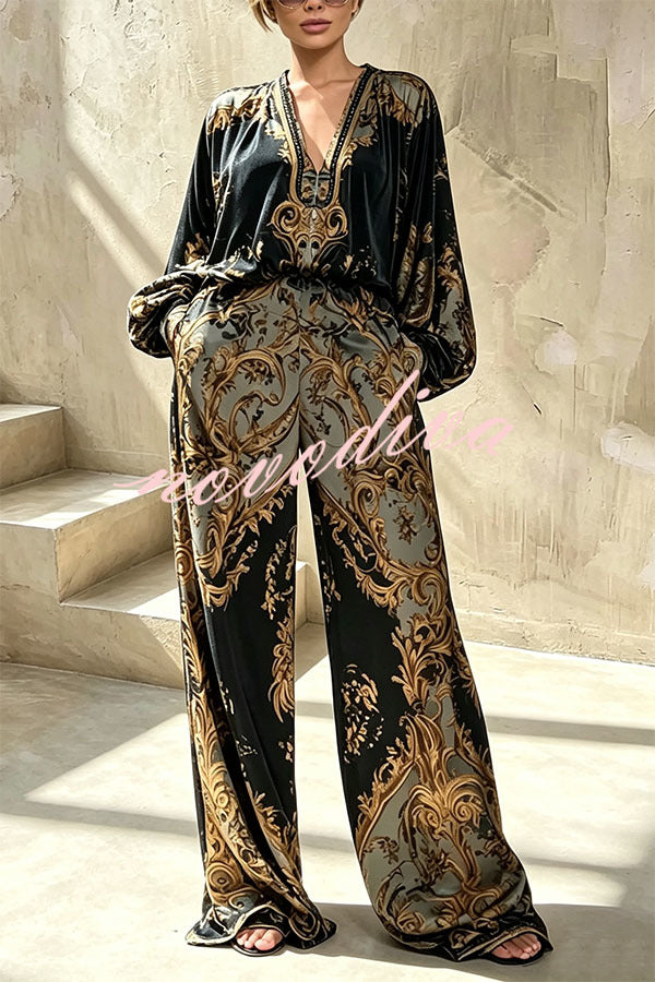 TUSCANIA - Set due pezzi nero blusa barocca e pantaloni palazzo