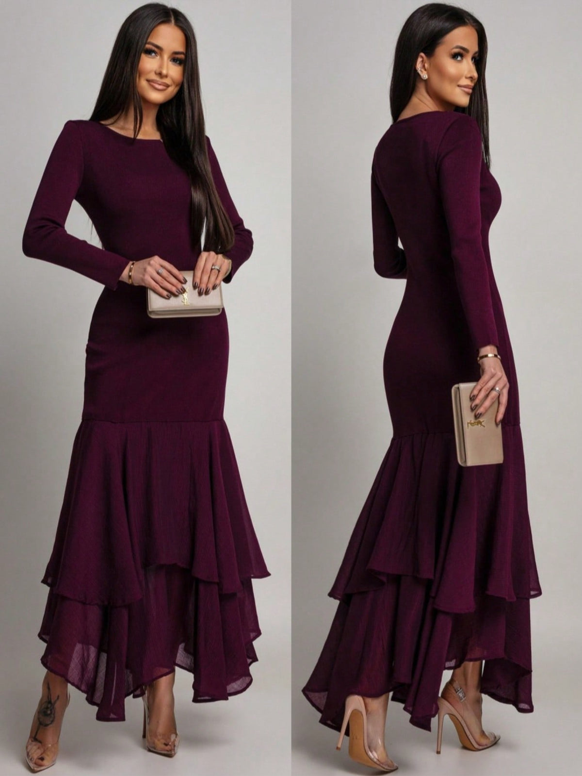 REDAVALLE - Abito elegante in mesh con volant e maniche lunghe
