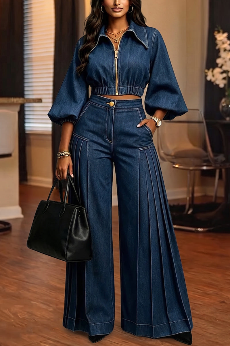 TROVO - Giacca denim corta a maniche a sbuffo o jeans wide leg