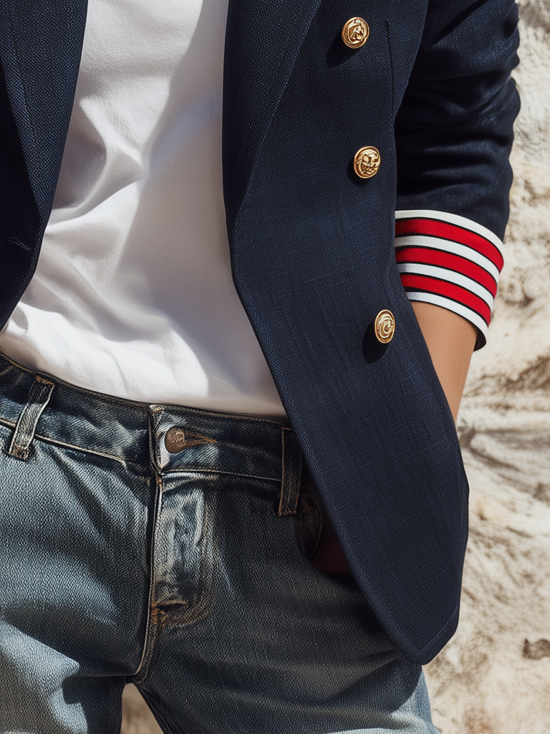 LARIANO - Blazer doppiopetto in misto cotone blu navy
