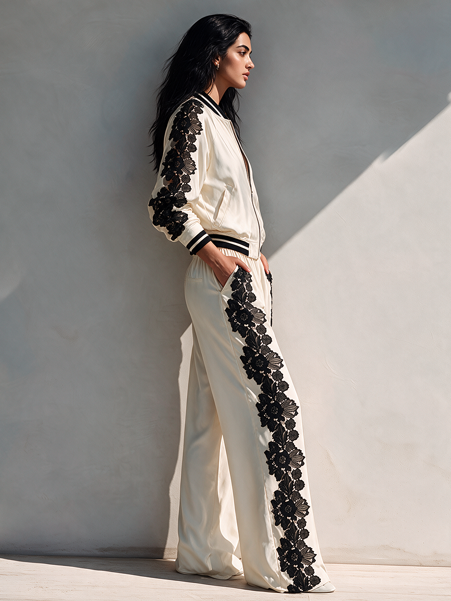 TERZO - Set due pezzi bianco con pizzo e pantaloni a gamba larga