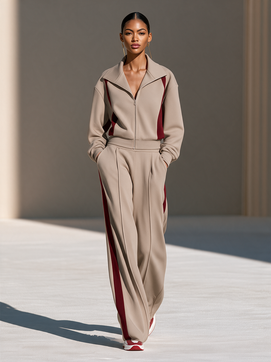 VALLEBONA - Completo sportivo kaki con zip e pantaloni wide-leg