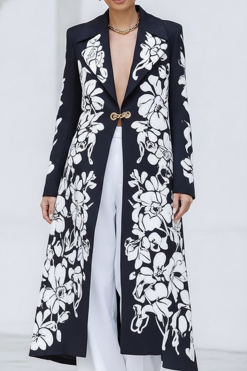 POSADA - Blazer nero ampio con stampa floreale e colletto a revers