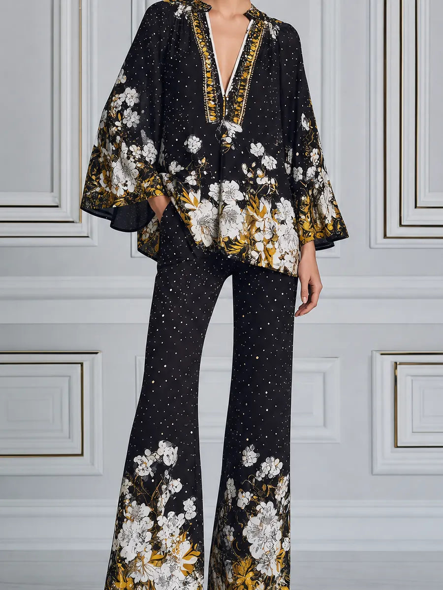 RASURA - Set due pezzi nero floreale con top e pantaloni palazzo