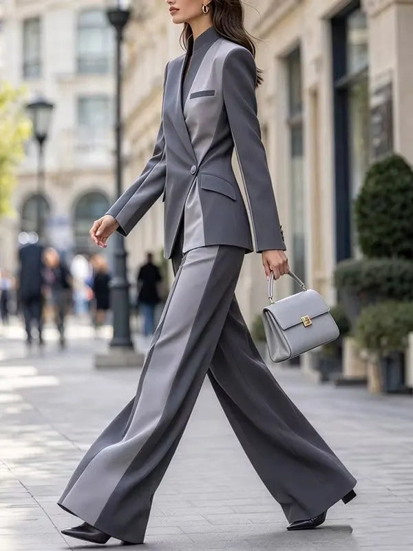 MILETO - Set due pezzi grigio con blazer asimmetrico e pantaloni ampi