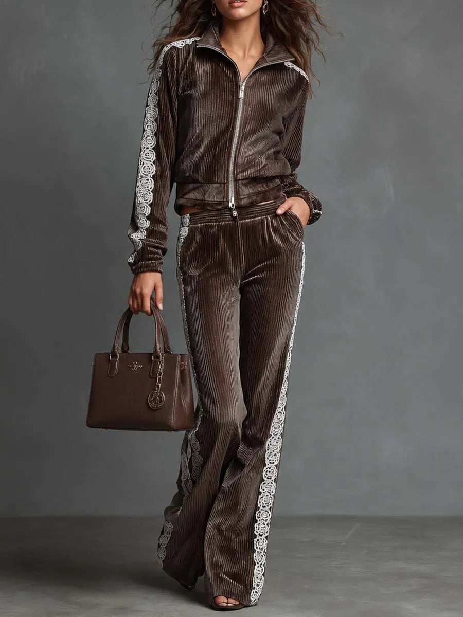 CASARILE - Set due pezzi in velluto a righe Iced Mocha