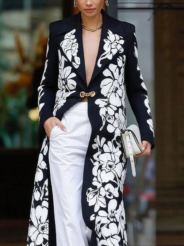 POSADA - Blazer nero ampio con stampa floreale e colletto a revers