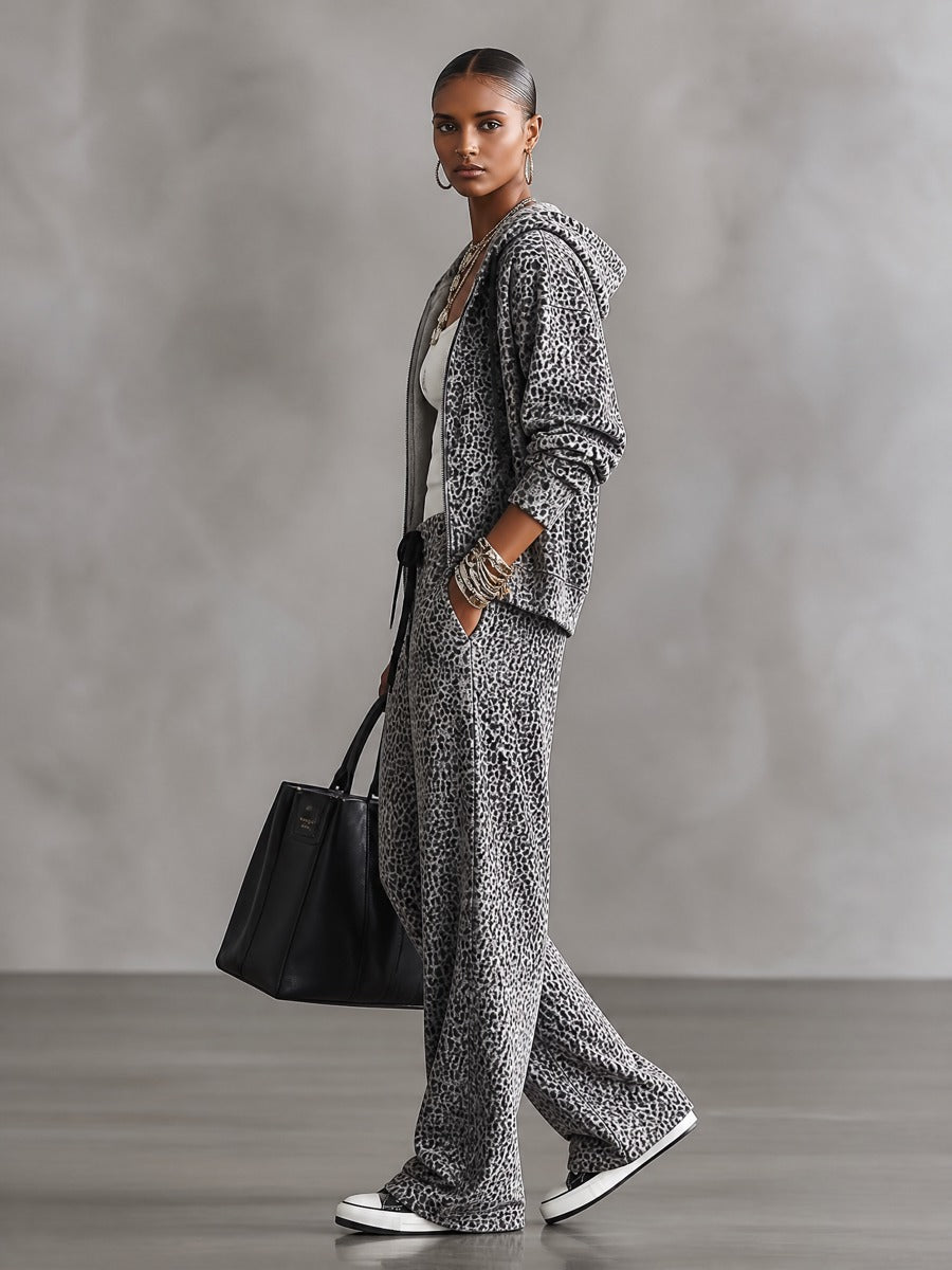 PAGAZZANO - zi grigio leopardato con felpa zip e pantaloni ampi