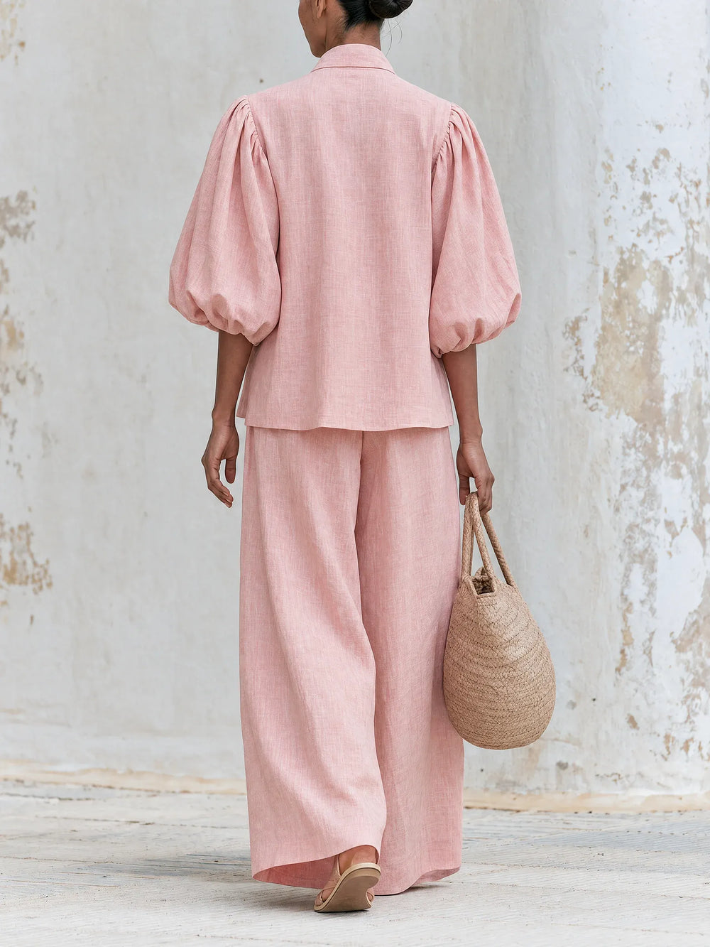 VOGHIERA - Completo rosa in misto lino con fiocco e pantaloni ampi