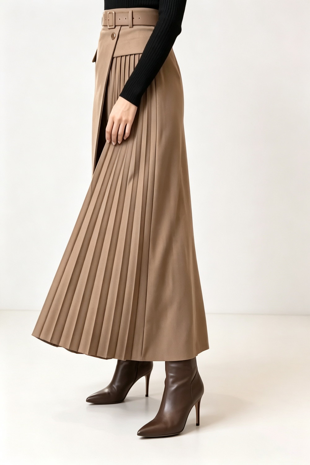 VOLTURINO - Gonna maxi khaki a portafoglio plissettata con cintura