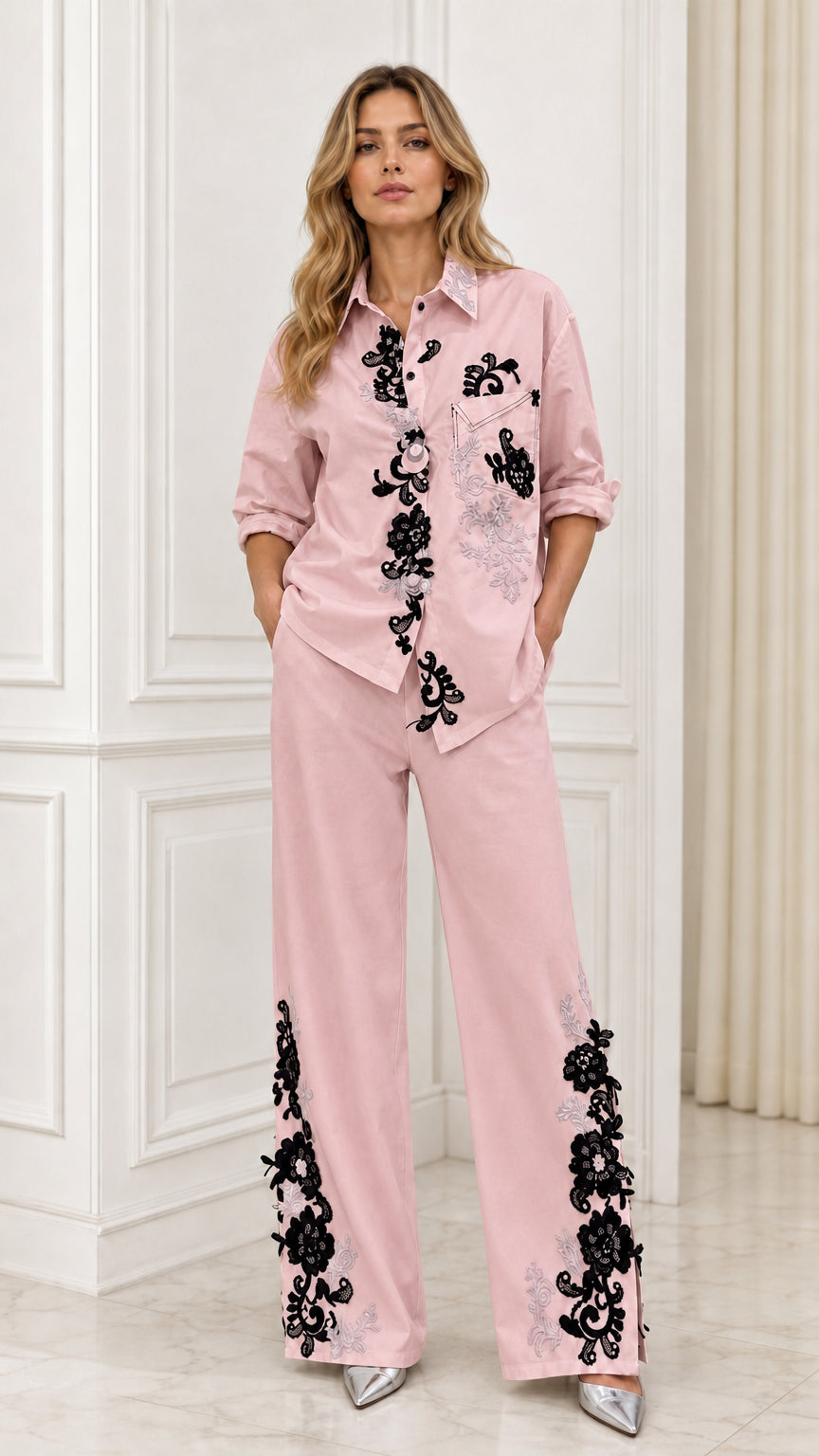 FLORESTA - Set due pezzi ricamato con camicia e pantaloni ampi
