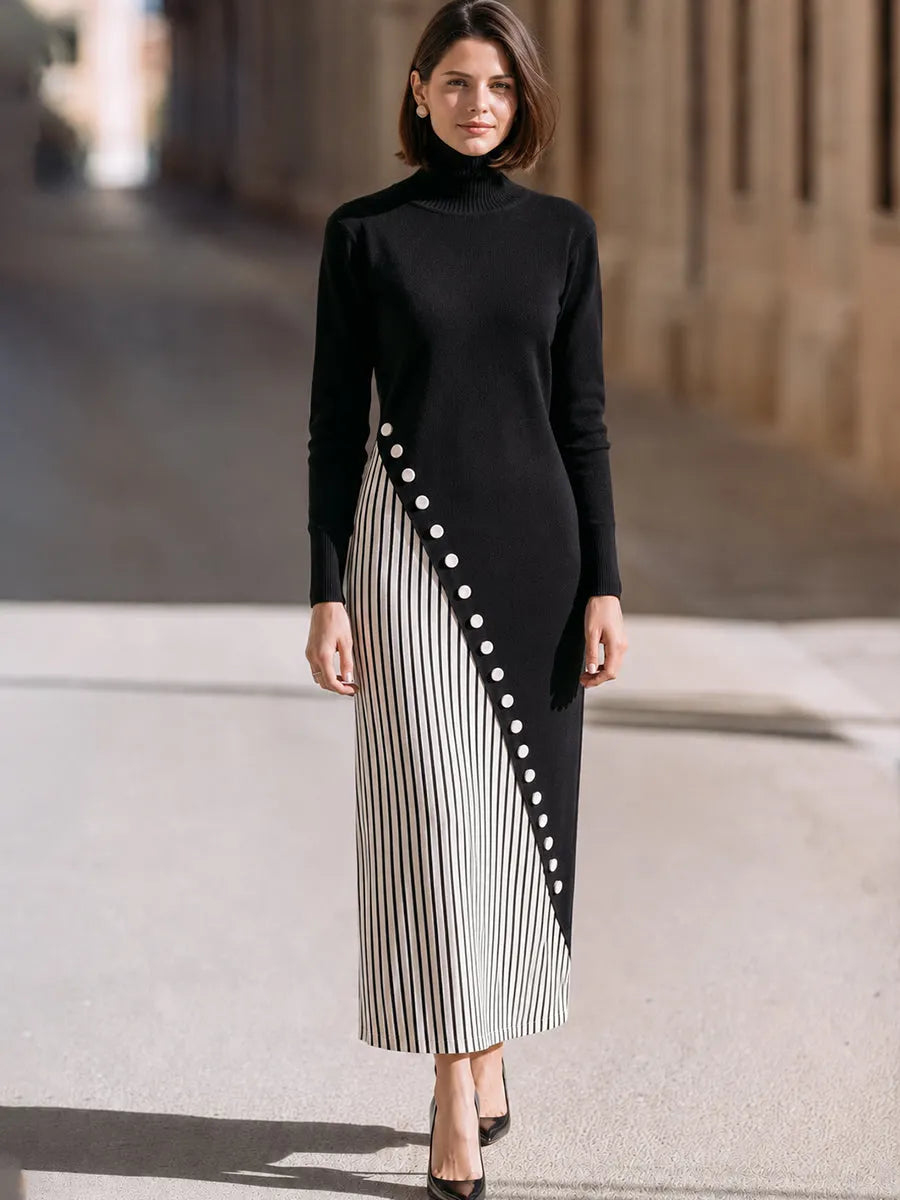 PORCARI - Maxi dress nero a collo alto con bottoni asimmetrici