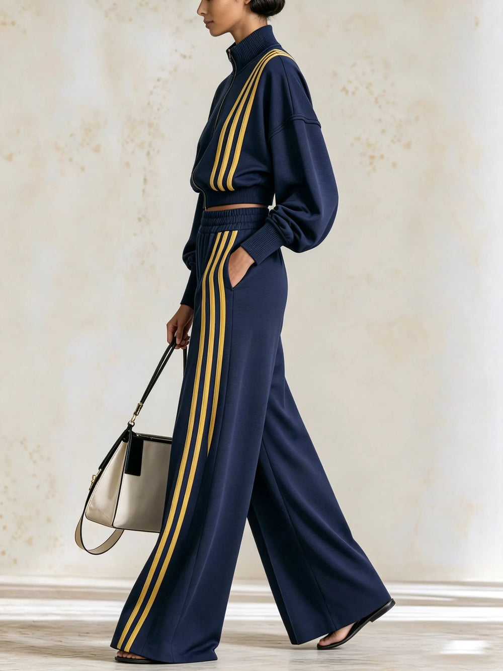 MINUCCIANO - Tuta blu con righe gialle, giacca cropped e pantaloni ampi