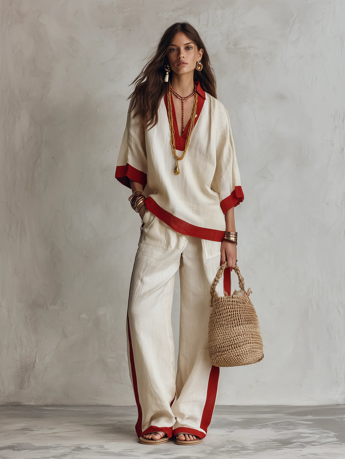 FORMAZZA - Set due pezzi in lino avorio oversize con bordi rossi