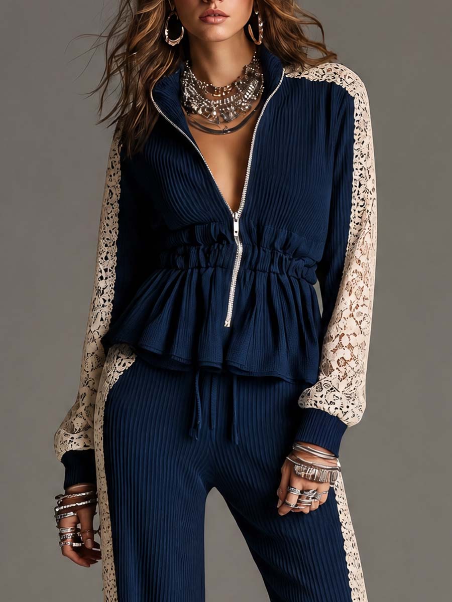 RICADI - Set due pezzi in maglia a coste con pizzo floreale, blu navy
