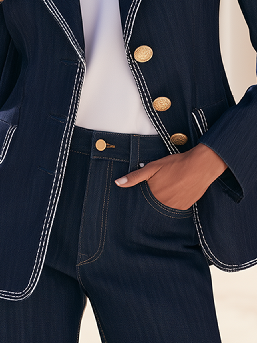 ALBAVILLA - Blazer in denim blu navy con bottoni dorati