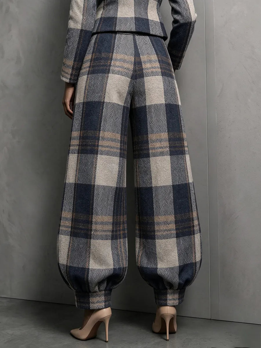 OLEGGIO - Pantaloni wide leg scozzesi blu navy con orlo rifinito