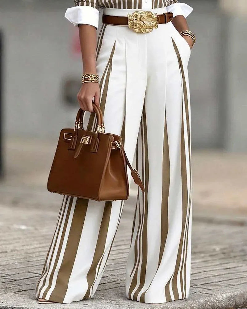 BRUSCIANO - Pantaloni palazzo a vita alta rigati eleganti