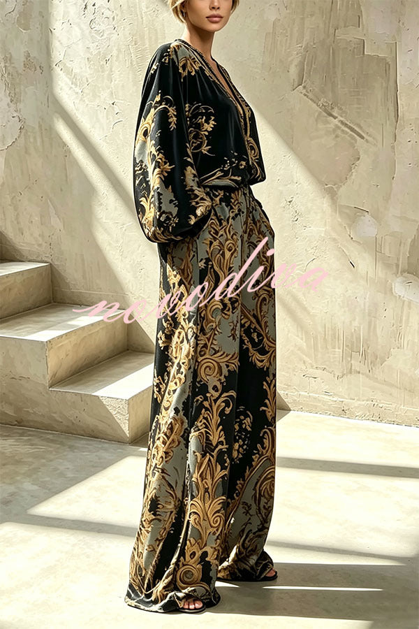 TUSCANIA - Set due pezzi nero blusa barocca e pantaloni palazzo