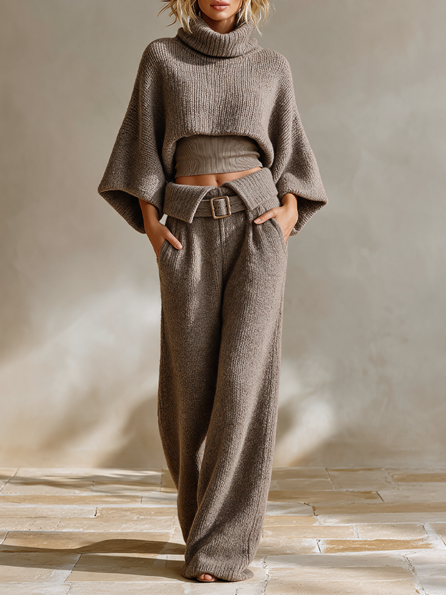 CONVERSANO - Completo casual in maglia color taupe a due pezzi