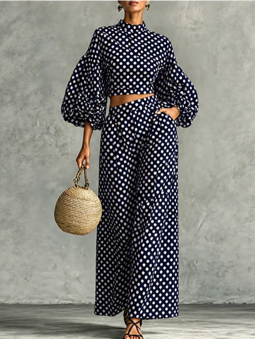 FRIDA - Set due pezzi a pois con maniche balloon e pantaloni palazzo