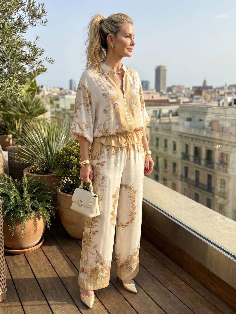 COLMURANO - Set due pezzi bianco con blusa zip e pantaloni stampati