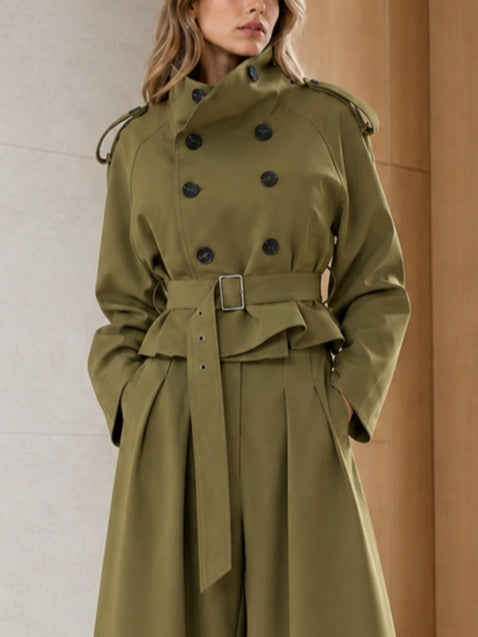 TOIRANO - Tailleur verde oliva con giacca doppiopetto e pantaloni ampi