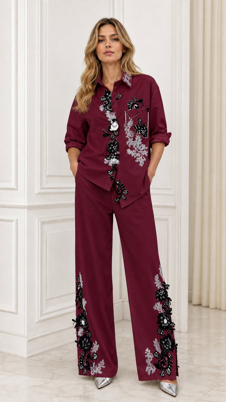 FLORESTA - Set due pezzi ricamato con camicia e pantaloni ampi