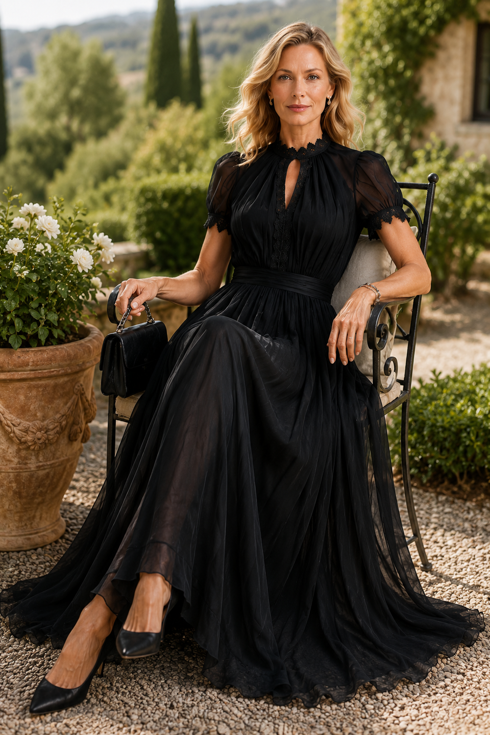BEATRICE - Abito Maxi Nero in Chiffon