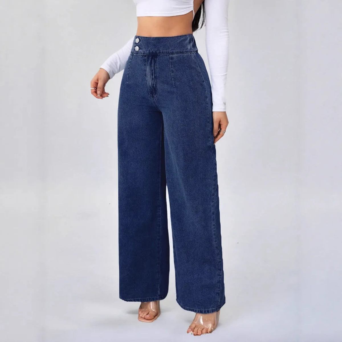 MONFUMO - Jeans wide-leg a vita alta in denim blu