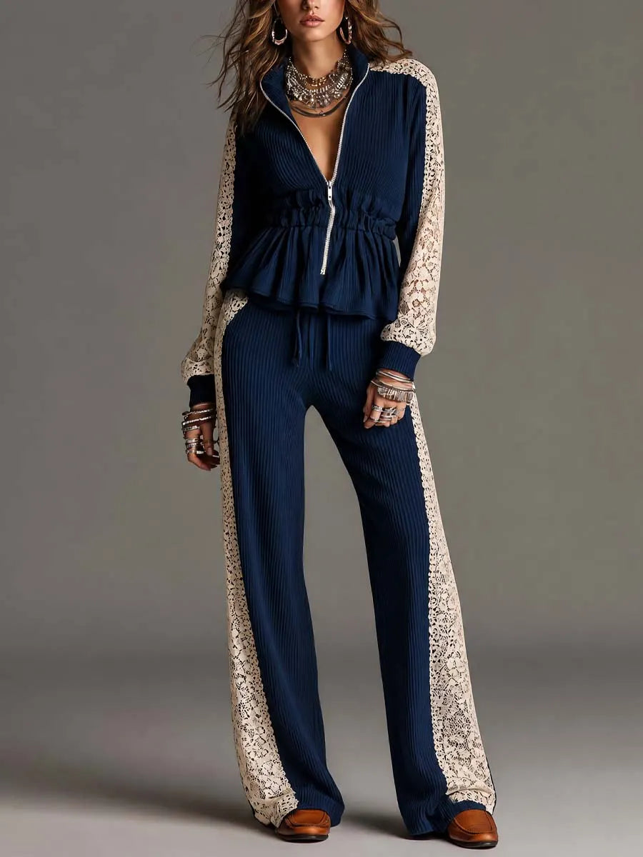 RICADI - Set due pezzi in maglia a coste con pizzo floreale, blu navy