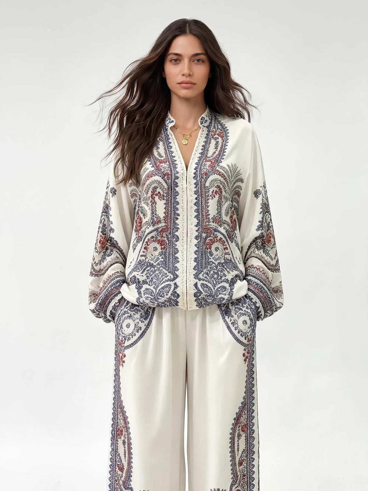 TAIPEI - Camicia bianca a maniche lunghe con stampa paisley e zip