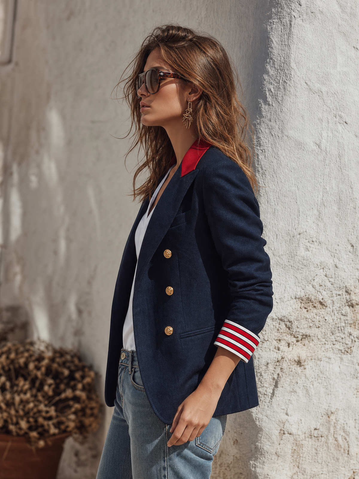 LARIANO - Blazer doppiopetto in misto cotone blu navy