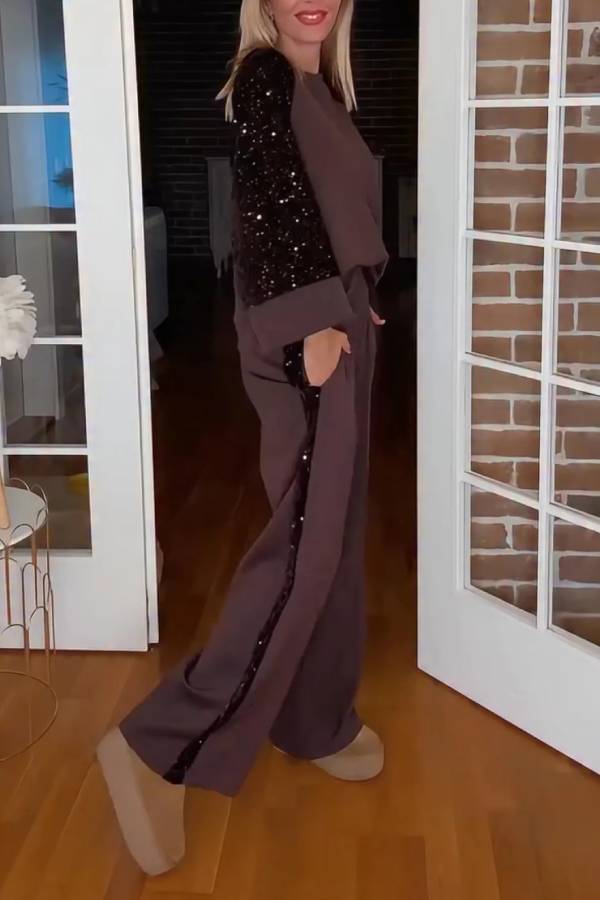 MAGNAGO - Set due pezzi pantaloni marrone e beige