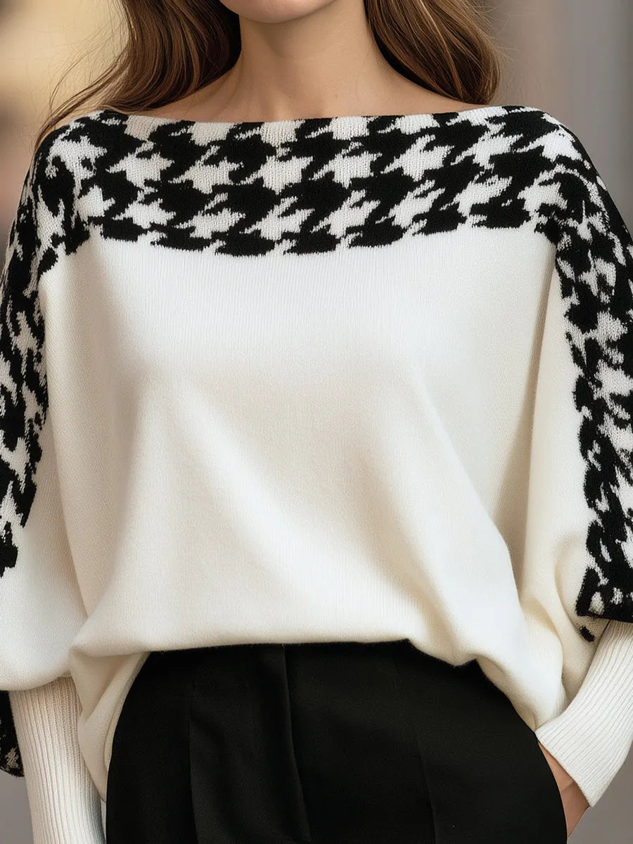 APRICENA - Maglione in maglia bianca con motivo pied de poule a pipistrello
