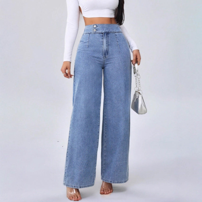 MONFUMO - Jeans wide-leg a vita alta in denim blu