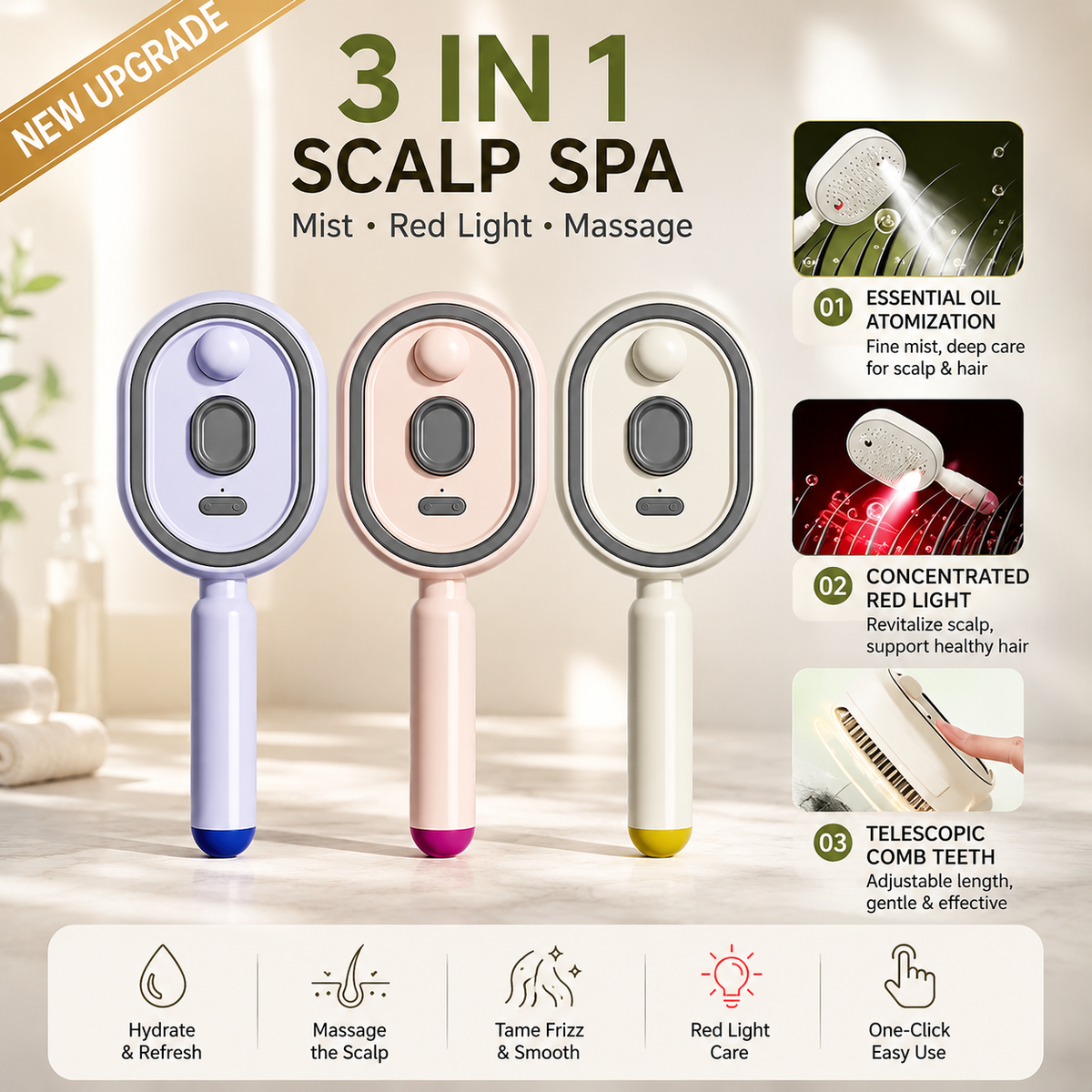 DUNA - Spazzola massaggiante spray elettrico viola, rosa o beige