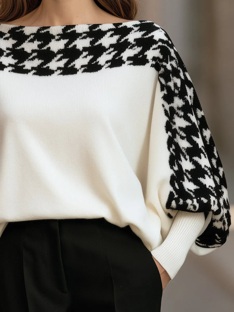 APRICENA - Maglione in maglia bianca con motivo pied de poule a pipistrello
