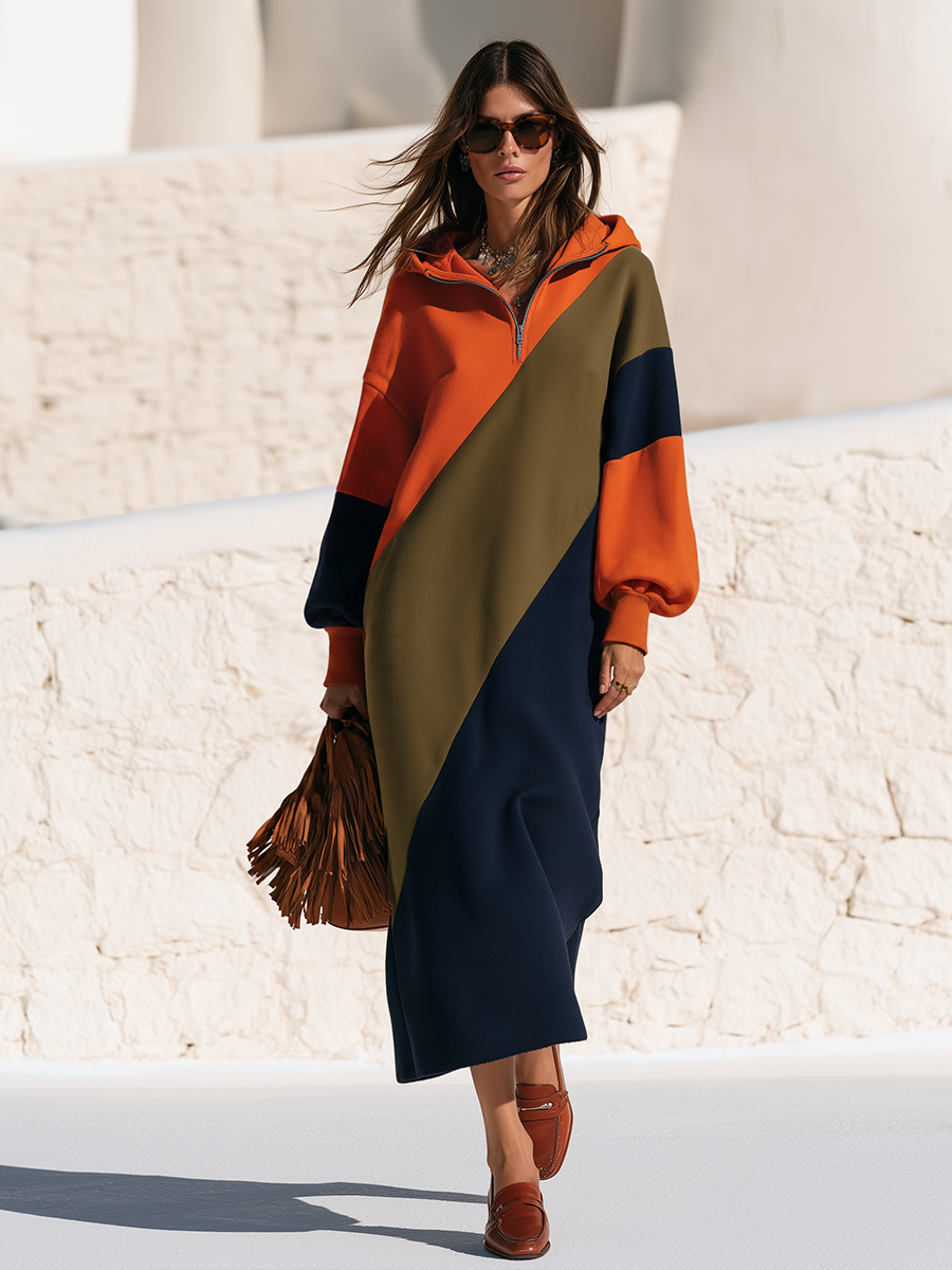RONAGO - Abito midi oversize con maniche a palloncino e cappuccio multicolor