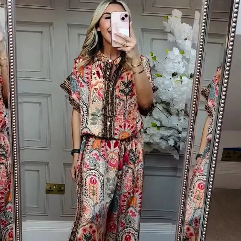 LUISA - Completo marrone 2 pezzi con top stampato e pantaloni ampi